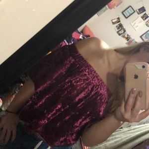 Purple crushed velvet off the shoulder top